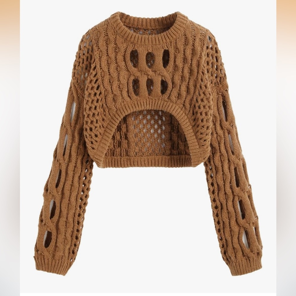 Cider Tan Hollow-Out Knit Sweater